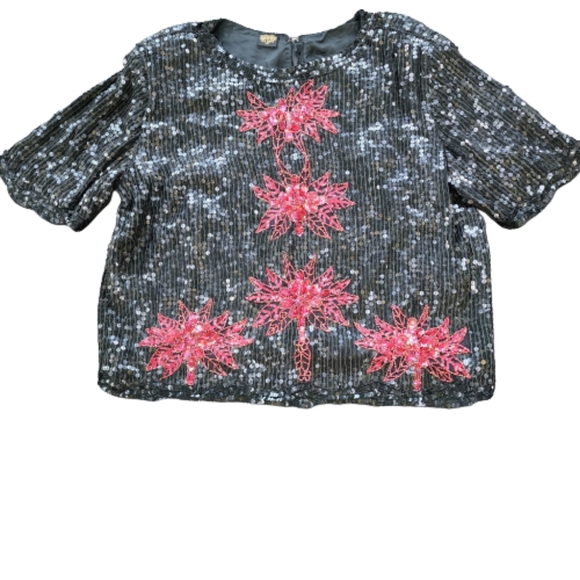 Womens XL Black Sequin Beaded Red Floral 100% Silk Glamourcore Mob WifeTop - Picture 1 of 8